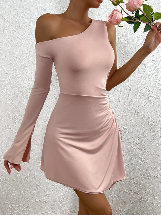 maoxiangshop Sexy Single Shoulder Bodycon Mini Dress Women's Long Sleeve Pleated Drawstring Slim Fit Elegant Party Dress