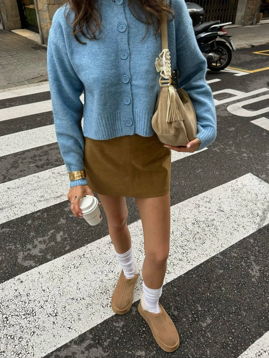 maoxiangshop  -  Solid Color Cardigan Sweater Women Autumn O Neck Long Sleeve Jumpers Streetwear Fashion Split Hem Short Knit Outerwear 2024 New