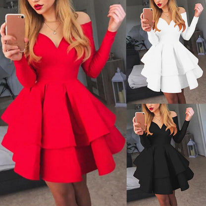 maoxiangshop Elegant Women Long Sleeve V Neck Off Shoulder Large Swing Ruffled Hem Mini Dress