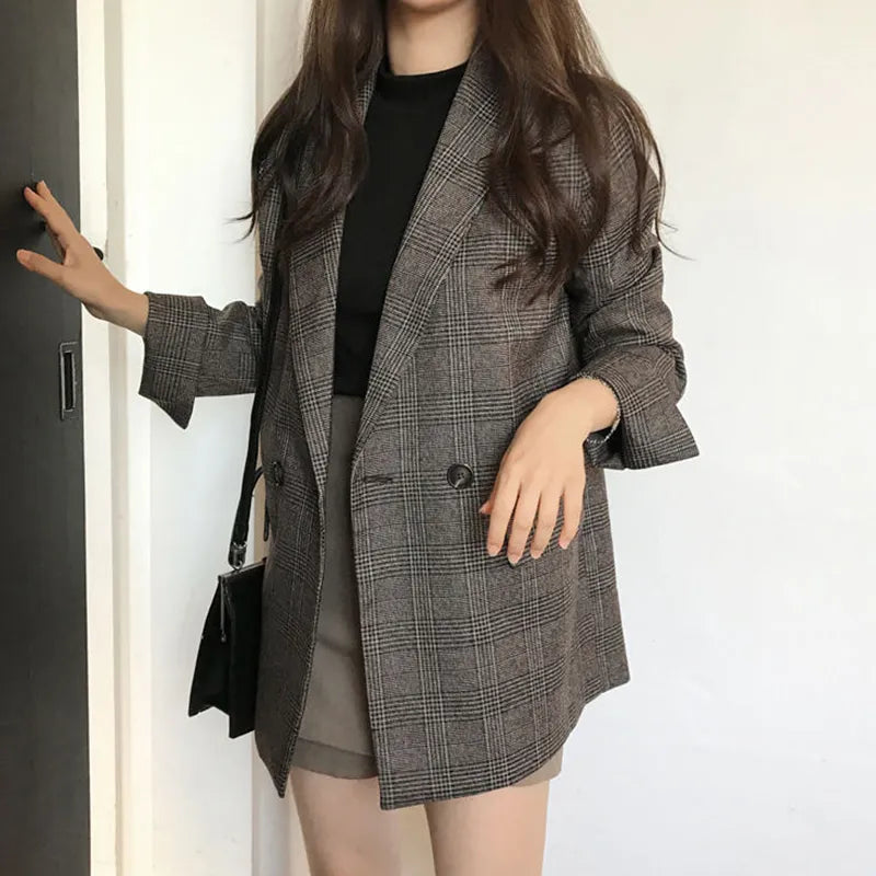 maoxiangshop Women Winter Plaid Blazers Coats Korean Fashion Elegant Solid Thick Jacket Female Double Breasted Office Lady Long Overcoat