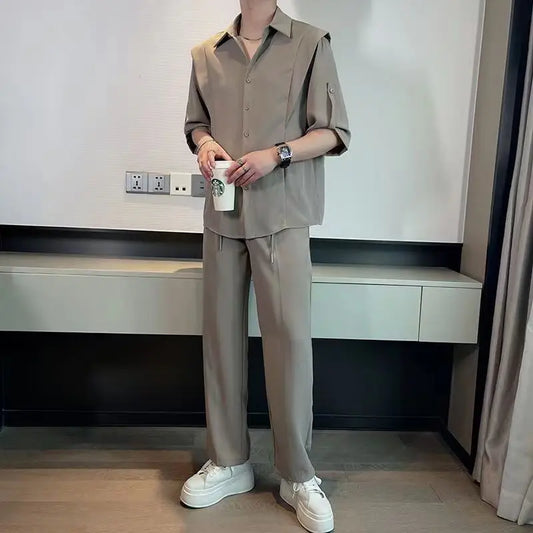 maoxiangshop Summer Ice Silk Men's Suits Casual Short Sleeve Shirt And Pants Two-piece Set Ruffled  Handsome Draped Korean Style Loose Set