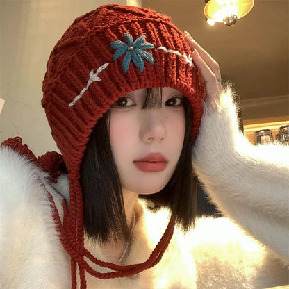 maoxiangshop  -  Knitted Beanies Hat for Women Bohemian Tassel Flower Crocheted Woolen Pullover Cap Autumn Winter Warm Thicken Ear Protection Cap