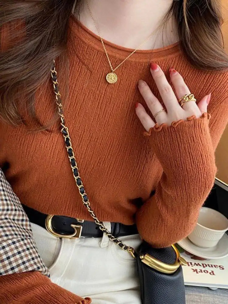 Women Pullovers Sweaters Knit Soft Jumper tops Ruched Autumn Winter Tops O-Neck Ribbed Long Sleeve Korean Slim Female Sweater