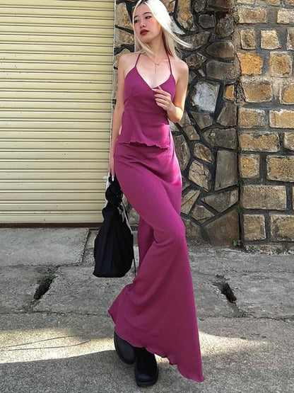 Y2k Sexy Halter Top + Long Skirt Two Piece Sets Matching Set Outfits for Women Summer Backless Bandage Rose Red Maxi Dress