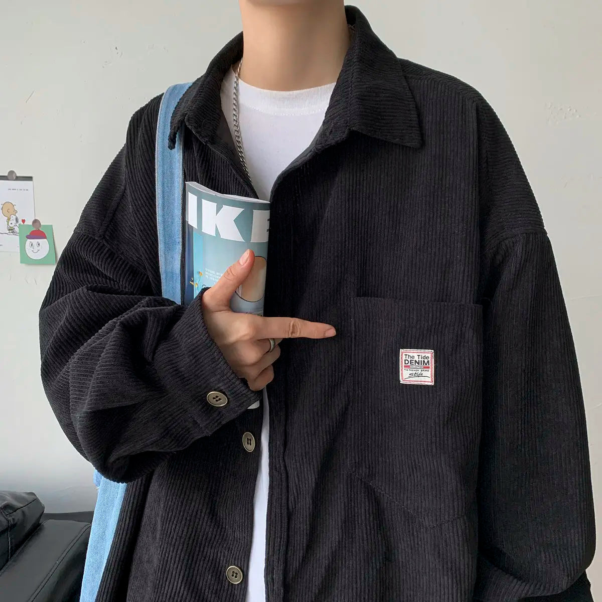 maoxiangshop Men's Corduroy Long Sleeve Shirts Autumn Korean Shirt Unisex Fashion Casual Oversize Shirt Printed Clothing