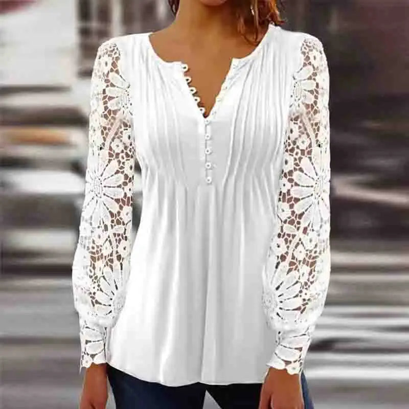 maoxiangshop New Fashion V Neck Floral Women's Shirts with Lace Long Sleeve White Women Blouse Elegant Woman Tops Office Lady Clothes