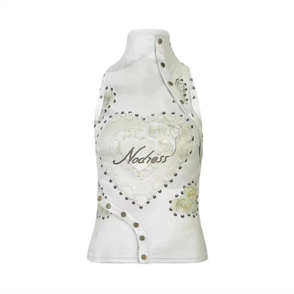 maoxiangshop  -  Rivet Button Printed Vest for Women American Retro Fashion Street Slim T-shirt Summer Sexy Hot Girl Y2k Crop Top Gothic Clothes