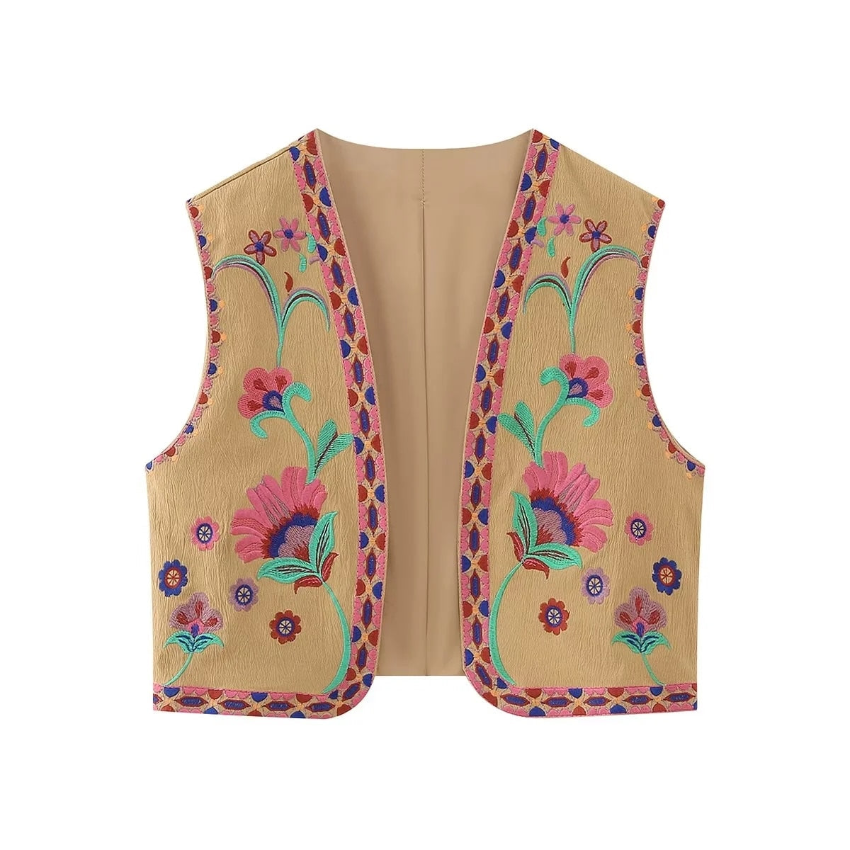 maoxiangshopWomen Fashion Y2k Vintage Floral Embroidery Vest Top V Neck Loose Casual Summer Woman Short Cardigan Waistcoat Chic Tops