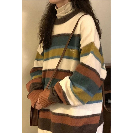 maoxiangshop  -  Harajuku Striped Sweater Women Oversized Knitted Pullovers Japanese Vintage Patchwork Jumpers Winter Preppy Korean Knitwear New