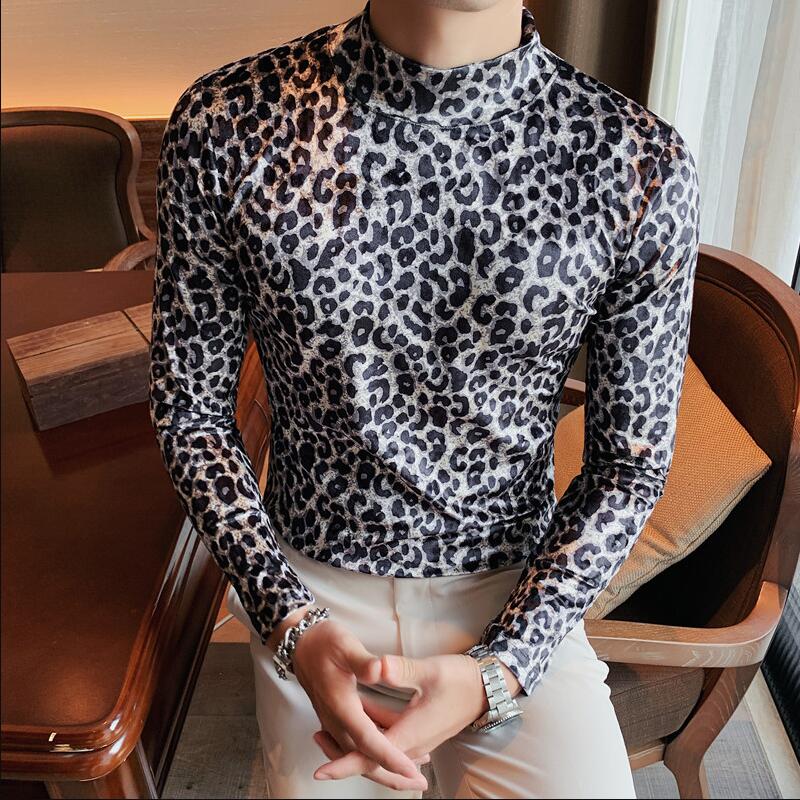 maoxiangshop Flannel T-shirt Winter Men High Collar Pullover Fashion Leopard Slim Fit T-shirt Long Sleeved Velvet Casual Bottoming Shirt