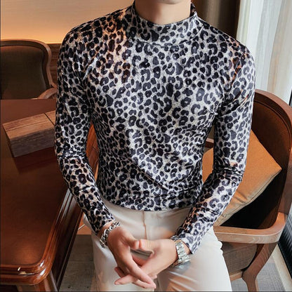 maoxiangshop Flannel T-shirt Winter Men High Collar Pullover Fashion Leopard Slim Fit T-shirt Long Sleeved Velvet Casual Bottoming Shirt