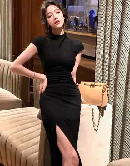 Women Sexy Bodycon Long Slim Dress Spring Summer New Short Sleeve Party Club Prom Elegant Black Clothes