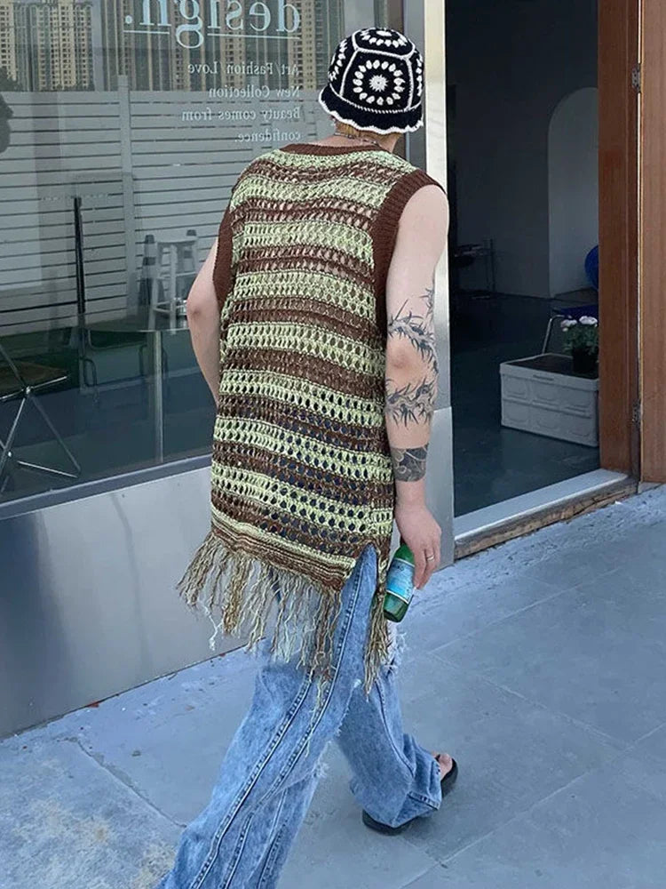 maoxiangshop Striped Mesh Vest for Men Vintage Knit Tank Tops Sleeveless Tee Male Casual Summer Beach Japanese Streetwear Hip Hop