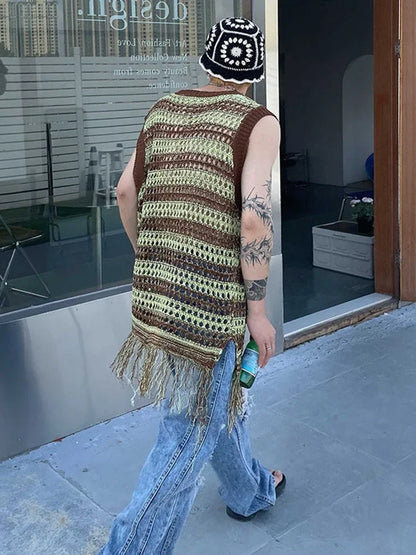 maoxiangshop Striped Mesh Vest for Men Vintage Knit Tank Tops Sleeveless Tee Male Casual Summer Beach Japanese Streetwear Hip Hop