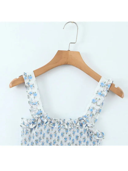 Chu Sau beauty New Summer Fashion Sweet Floral Print Elastic Tight Mini Dress Cute Chic Ruffles Sexy Backless Straped Dresses