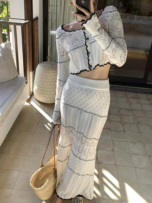 maoxiangshop  -  Sweet Hot Girl Suit Women's Autumn Slim O-Neck Knitted Cardigan High Waist Long Skirt Two-piece Set Fashion Female Clothes