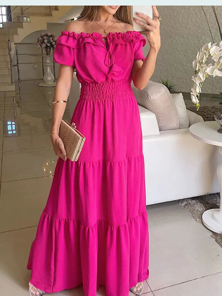 maoxiangshop Summer Boho Red Dress Fashion Short Sleeve Beach Long Dress Casual Loose Elegant Holiday Party Dresses For Women Robe Femme