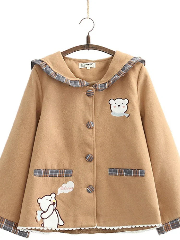 Women Jackets Cartoon Bear Embroidery Single Breasted Coat Autumn Winter Flare Sleeve Sailor Collar Sweet Style Outwears