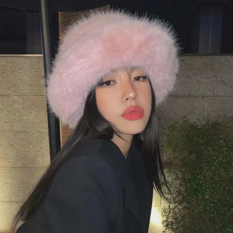 maoxiangshop y2k Fluffy Faux Fur Bucket Hat Women Rabbit Fur Warm Thick Plush Winter Hat Lady Luxury Fashion Furry Panama Fisherman Cap