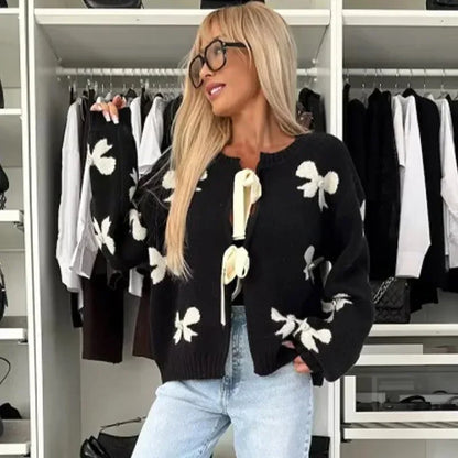 maoxiangshop  -  Bow Lace Up Knitted Women Sweater Preppy Hollow Out O-neck Long Sleeve Female Cardigan Autumn Patchwork Lady Knitwear