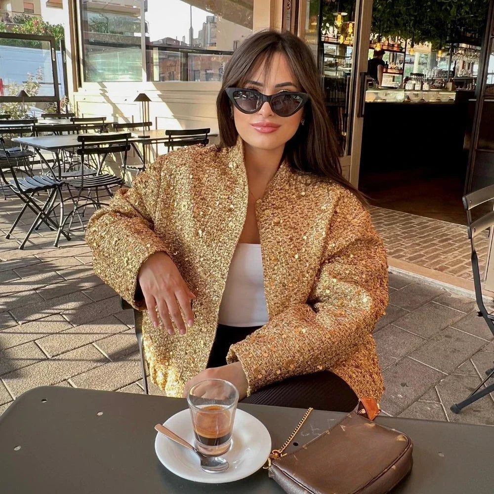 maoxiangshop  -  Women's Sequined Bomber Jacket Fall O Neck Long Sleeve Pocket Stretch Hem Sequins Jacket Coat Female Chic Outerwear