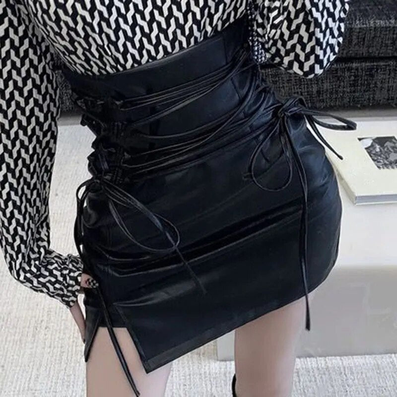 maoxiangshop Black Leather Mini Skirts Women Gothic High Waist Slim Fit Lace-Up Pencil Skirt Female Sexy Club Back Zipper Split Bag Hip Skirt