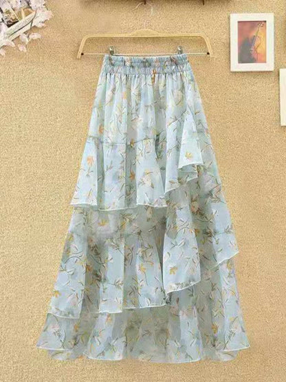 maoxiangshop New Temperament Skirt Summer Floral Irregular Ruffle All-match A-line Skirt Breathable Fairy Cake Skirt Fashion Party
