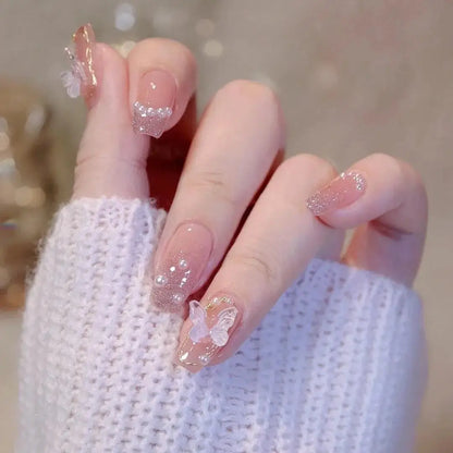 maoxiangshop 24pcs Wearable Pink Press On Fake Nails Tips With Glue false nails design Butterfly Lovely Girl false nails With Wearing Tools