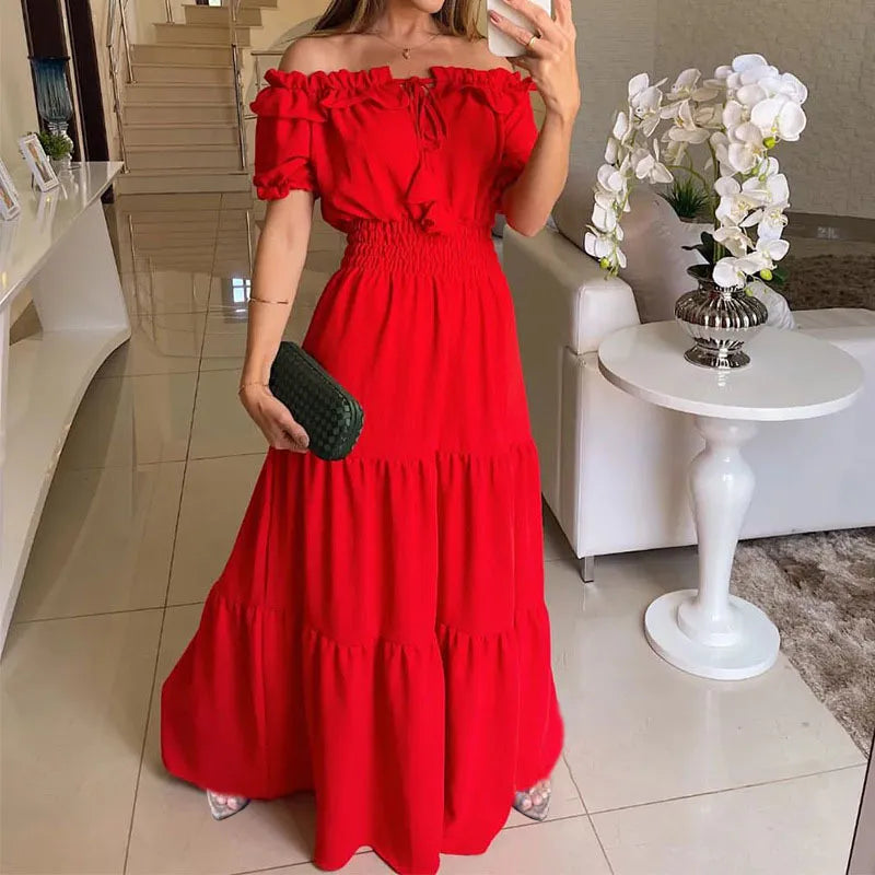 maoxiangshop Summer Boho Red Dress Fashion Short Sleeve Beach Long Dress Casual Loose Elegant Holiday Party Dresses For Women Robe Femme