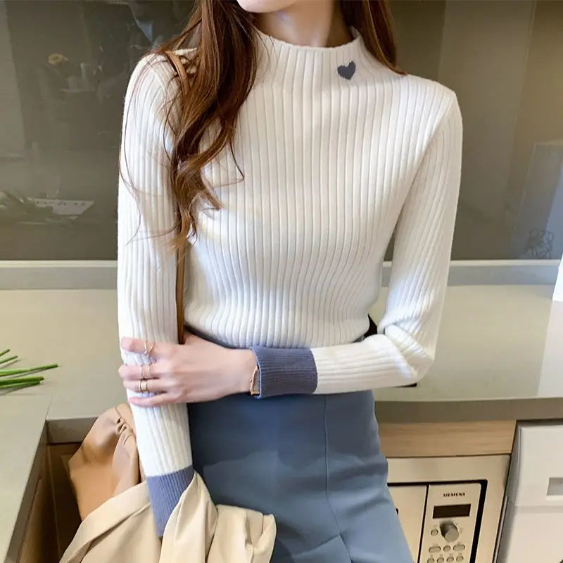 maoxiangshop Women Embroidered Mock Neck Sweater Patchwork Long Sleeve Slim Bottoming Knit Jumper Casual Sweater For Women Fall Winter