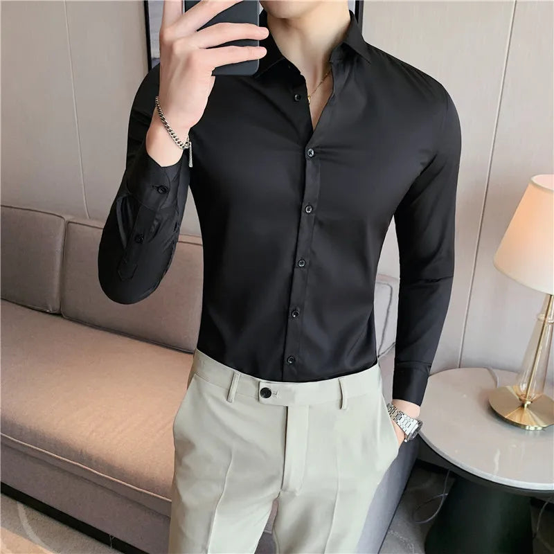 maoxiangshop Mens Shirts Autumn New Long Sleeve Stripe Dress Shirt Solid Casual Formal Wear Slim Fit Chemise Homme Camisas Men Clothing