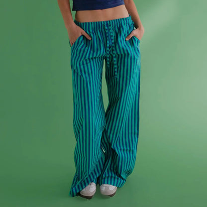 Women's Y2K Vintage Summer Baggy Long Pants Drawstring Elastic Low Waist Wide Leg Striped Trousers with 2 Pockets