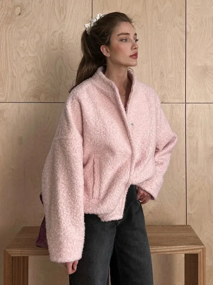 maoxiangshop  -  Women's Pink Short Fur Jacket Autumn Loose Fashion Long Sleeve Jacket Top Casual Stand Collar Pocket Button Warm Jacket