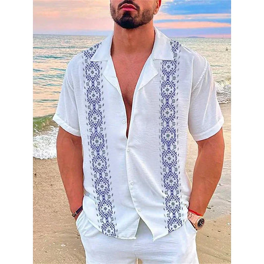 maoxiangshop Fashion new men's shirt Hawaiian shirt geometric print Cuba collar white Hawaiian short sleeve plus size high quality coat