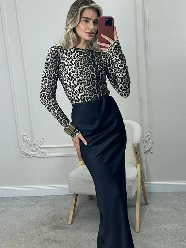 maoxiangshop Women Chic Skinny Leopard Printed T-shirt Slim Fitting Round Neck Long Sleeves Top 2024 Spring Autumn Lady Elegant Pullover Tees