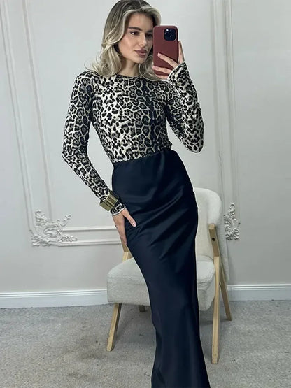 maoxiangshop Women Chic Skinny Leopard Printed T-shirt Slim Fitting Round Neck Long Sleeves Top 2024 Spring Autumn Lady Elegant Pullover Tees