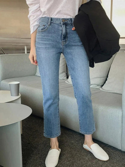 maoxiangshop High Waist Pockets Boyfriend Jeans Women Stretch Blue Ladies Denim Cargo pants Straight Pants Washed Trousers Streetwear Jeans