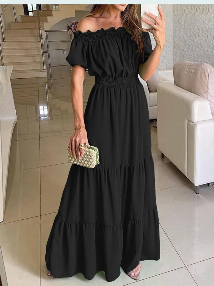 maoxiangshop Summer Boho Red Dress Fashion Short Sleeve Beach Long Dress Casual Loose Elegant Holiday Party Dresses For Women Robe Femme