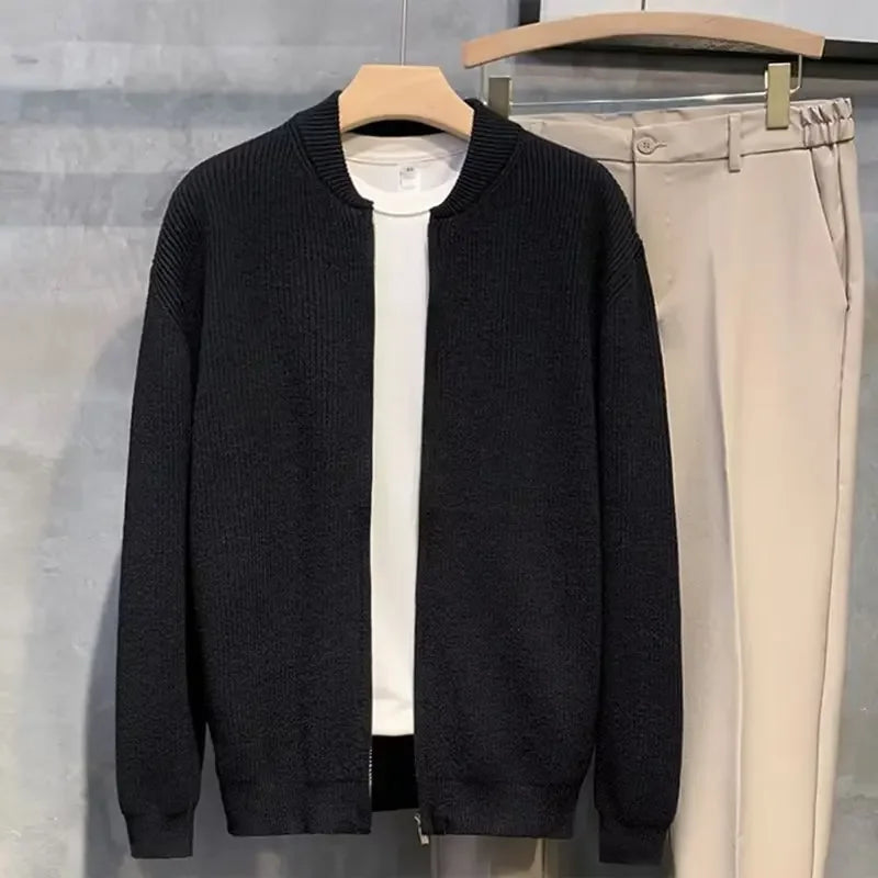maoxiangshop New Autumn Winter Men's Knitted Cardigan Sweater Simple Versatile Solid Color Trendy Jacket Thick Crew Neck Pullover
