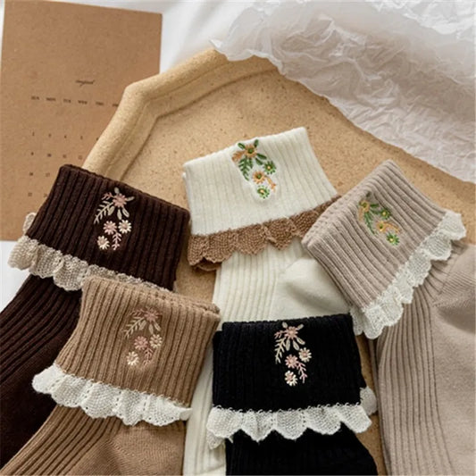 maoxiangshop Japanese Kawaii Cute Socks JK Lolita Lace Frilly Ruffle Socks Women Fashion Flower Embroidery Harajuku Retro Vintage Crew Socks