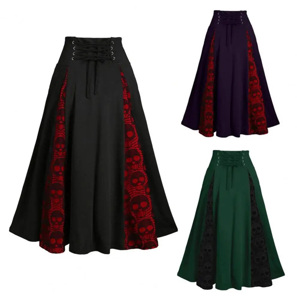 maoxiangshop Women Vintage Lace-up Skirts Skull Lace Stitching Buttons Big Swing Skirt Female Halloween Party Medieval Cosplay Costumes