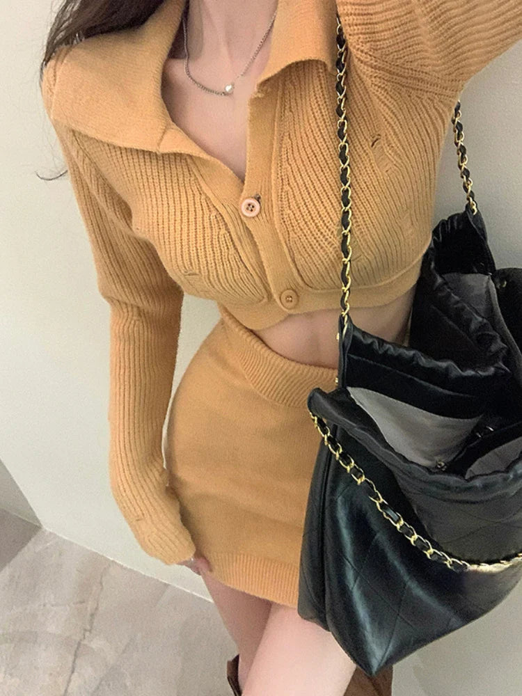 Knitted 2 Piece Dress Set Dress Women Autumn Casual Long Sleeve Korean Style Sweater Suit Office Lady Elegant Y2k Chic Sets