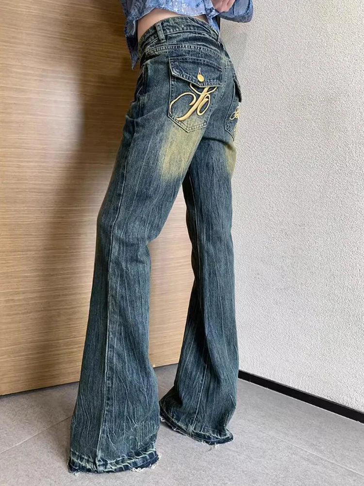 American Vintage Women Old Money Denim Pants Tide Grunge Bell Bottom Embroidery Low Rise Flare Jeans Trashy Y2k Streetwear Goth