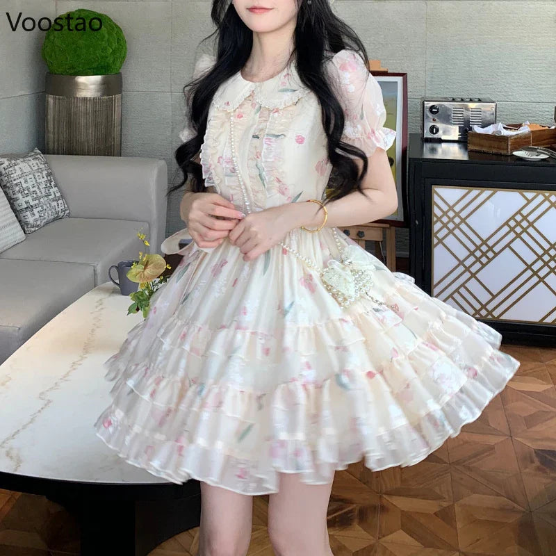 maoxiangshop Summer Sweet Lolita Style Fairy Dress Women Cute Peter Pan Collar Floral Ruffles Princess Dresses Female Chic Vacation Vestidos