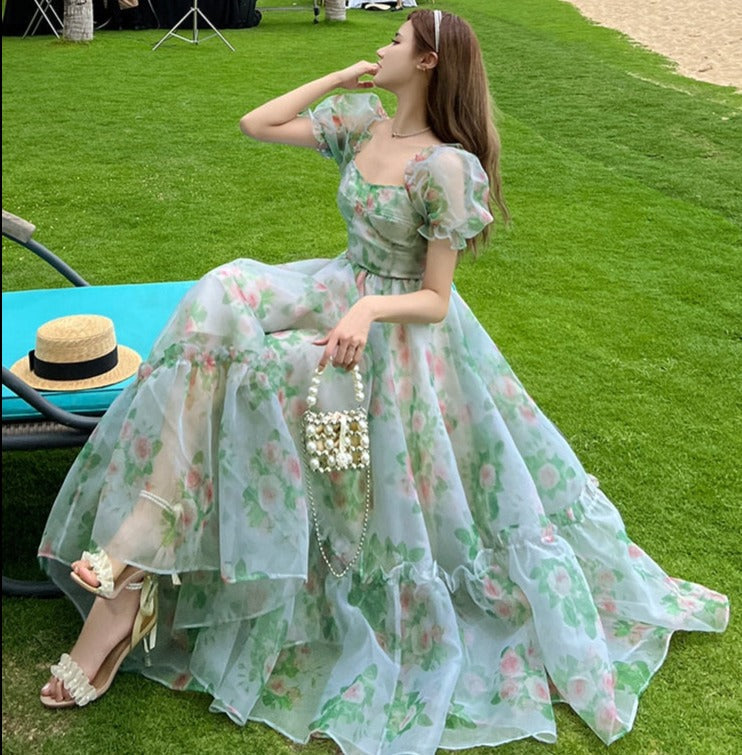 maoxiangshop Vintage Floral Evening Midi Maxi Dresses for Women Elegant Casual Party Prom Green Holiday Princess Fairy Long Dress Summer