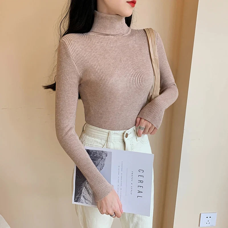 maoxiangshop 2024 Autumn Winter Women Long Sleeve Knitted Foldover Turtleneck Ribbed Pull Sweater Soft Warm Femme Jumper Pullover Clothes