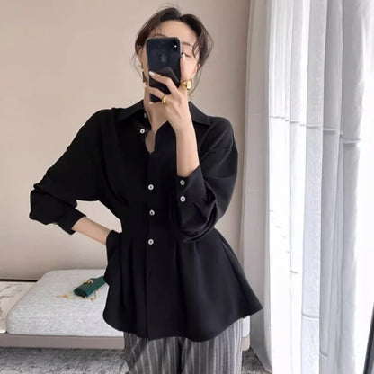 maoxiangshop Blouses Women Chiffon Shirts Long Sleeve Shirring Design Spring Summer All-match Elegant Graceful Chic Defined Waist Mature Lady