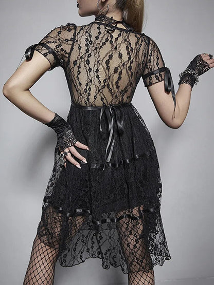 maoxiangshop Lace Mall Gothic Aesthetic Black Women Dresses Grunge See Through Sexy Puff Sleeve Mini Dress A-line Summer Partywear