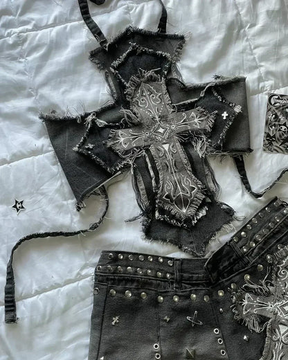 maoxiangshop  -  Y2K Harajuku Gothic Leather Jacket Casual Skirts Gothic Fashion Leather Patchwork Two Piece Clothing gothic Women Hot Sweetheart
