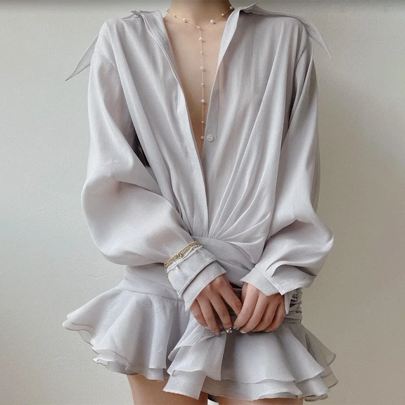 New White Chiffon Dress For Women Casual Ruffled Pleated Mini Dress See-through Loose Oversized Shirt Dress Cover-Up